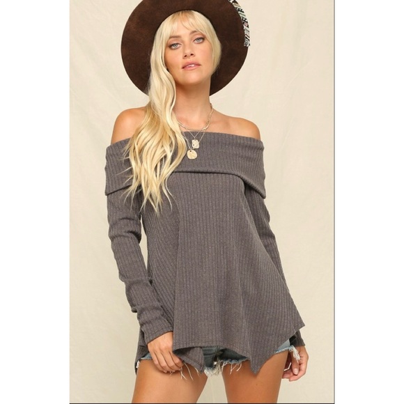 Fold over shoulder top, casual rib tunic with long sleeves. - Picture 3 of 4